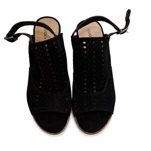 Lucky Brand Black Suede Peep-Toe Sandals – Size 8M